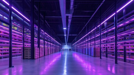 Fototapeta premium Modern warehouse interior with purple LED lighting, rows of empty shelves and pallets.