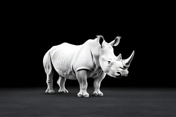 Fototapeta premium A stylized, skeletal representation of a rhinoceros against a black background, emphasizing its unique anatomy and form.