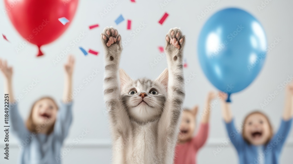 Wall mural Happy Birthday, Kitty: A playful kitten reaches up for a balloon in a joyful birthday celebration with children, captured in a heartwarming moment of innocent joy.  