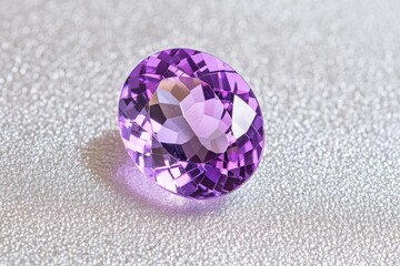 Stunning purple amethyst gemstone in oval cut showcasing brilliance against a textured silver...