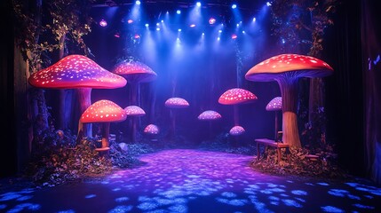 Fototapeta premium A stage with an enchanted forest theme featuring glowing mushrooms and ethereal lighting 