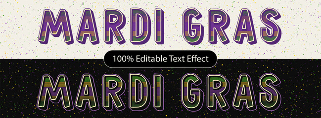 Editable text effect. Volumetric striped letters with outline. Mardi Gras decoration. Vintage typography graphic style. © OA_Creation
