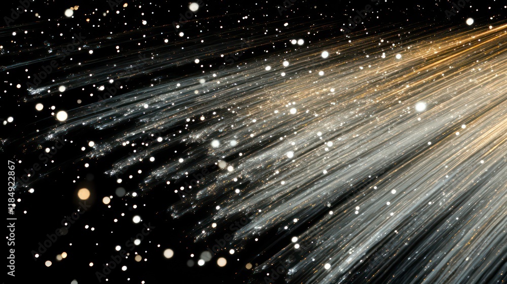 Poster Abstract light streaks and particles radiating from a central point, creating a dynamic, energetic composition on a black background.