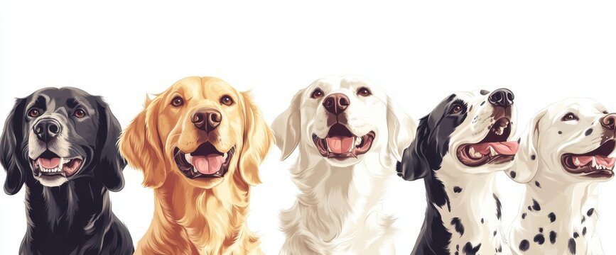 A row of dogs, including a golden retriever, border collie, German shepherd, and Dalmatian The dogs are depicted as cute, happy, and detailed, with flat colors in a cartoon style Generative AI