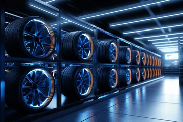 Rows of futuristic tires with glowing rims are displayed in a sleek, modern automotive showroom, creating a visually striking scene