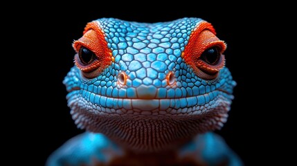 Obraz premium Close-up of a vibrant blue lizard's head with orange accents against a black background.