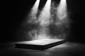 Black 3d Podium with dark smoke product background and platform in abstract stage texture with fog spotlight from top, product presentation 