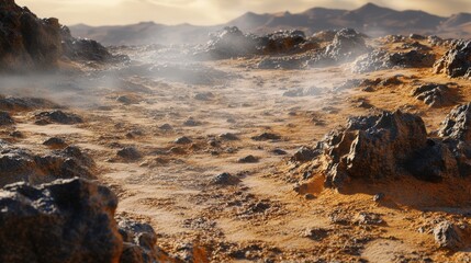 Obraz premium An alien landscape featuring rocky terrains and misty atmosphere, evoking a sense of mystery.