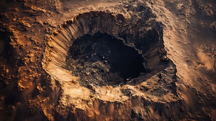 A stunning aerial view of a large crater on a rocky surface, showcasing dramatic textures and shadows.