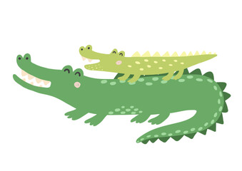 Cute mother and baby alligators in cartoon style. Funny tropical crocodiles clipart isolated on white background. Vector illustration