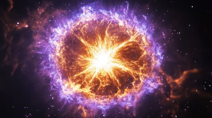A vibrant explosion of colors representing a cosmic event in space, showcasing bright orange and purple hues.