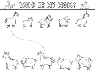 Who is my mom matching game for kids with cute farm animals in outline. Black and white farm activity page for school and preschool. Vector illustration