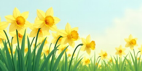 Fototapeta premium Spring Daffodils Field Yellow Flowers Nature Background