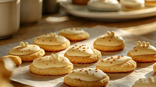 Freshly baked cookies cooling on kitchen table in warm sunlight transition