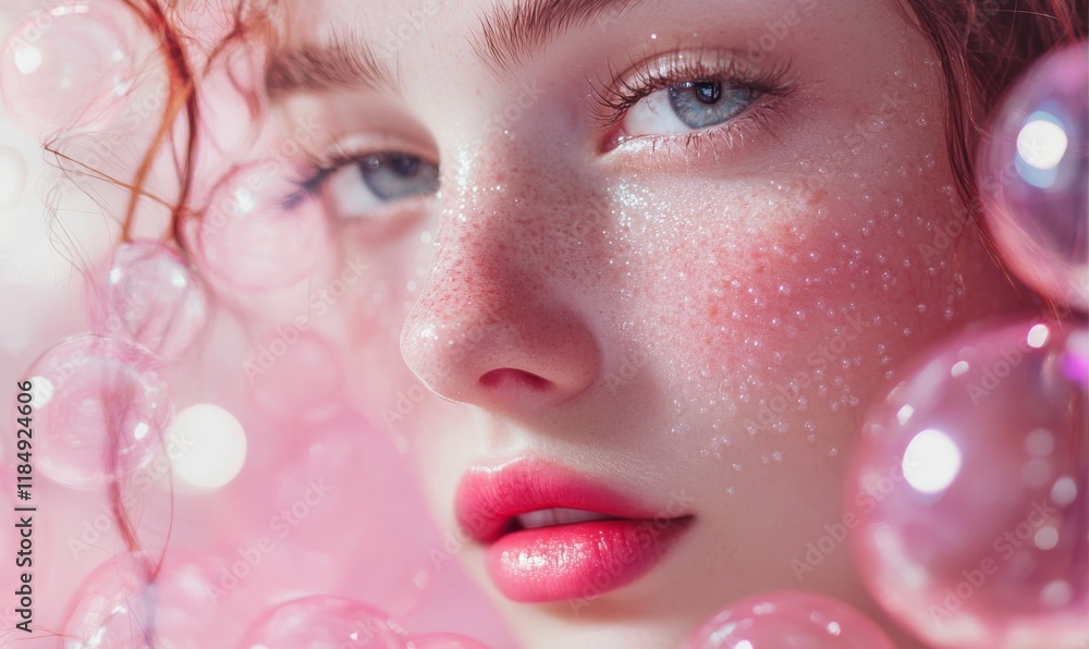 Poster pink bubbles creating a blurry bokeh effect. soft and dreamy background for photography.