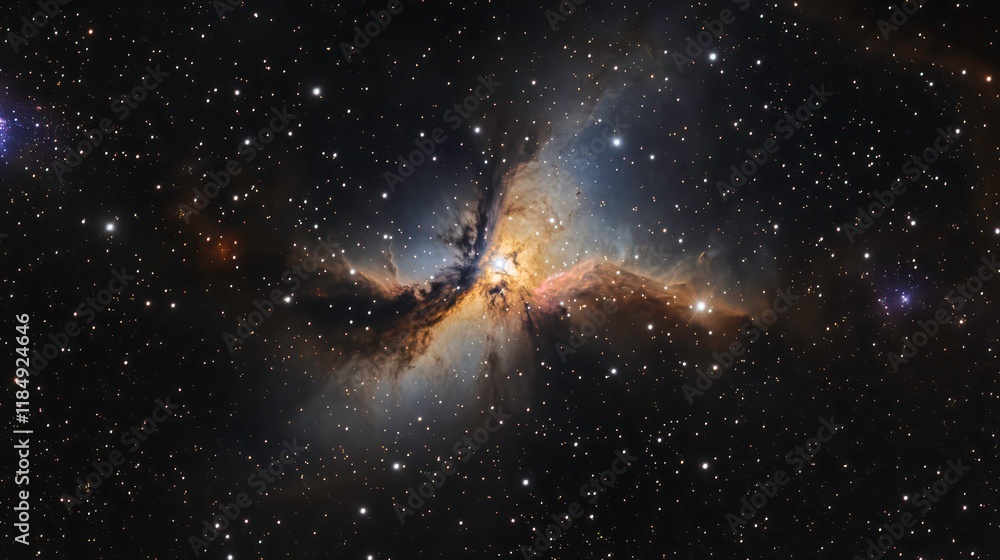 Poster A vibrant nebula with swirling gases and bright stars in deep space.