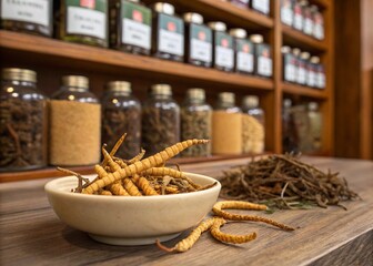 Traditional Chinese Winter Worm Summer Grass (Cordyceps) on Decorative Surface