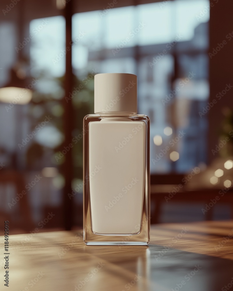 Poster minimalist perfume bottle in a sunlit, modern setting, creating an elegant and refreshing atmosphere