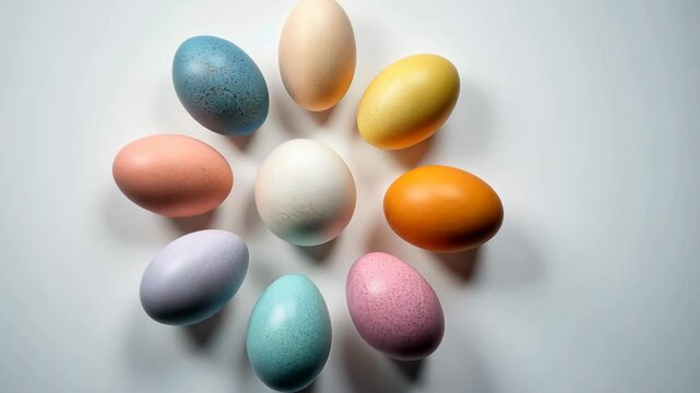 Colorful arrangement of rotating pastel eggs in dynamic motion