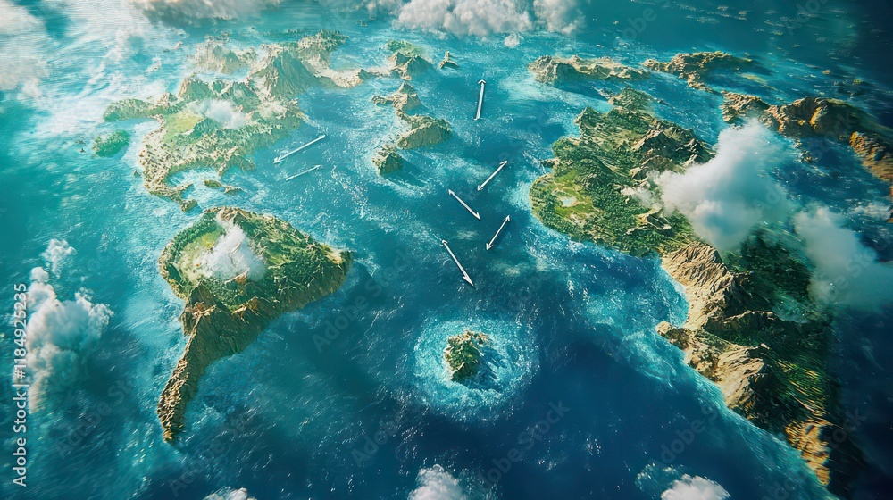 Aufkleber aerial view of a stylized world map with islands and ocean, showcasing global shipping routes.