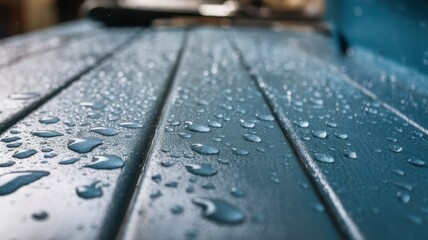 Close-up of water droplets on a textured blue surface, creating a refreshing and serene atmosphere.