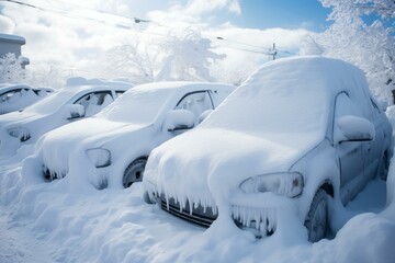 Row of cars parked outdoors covered by thick snow after a blizzard, winter season driving problems