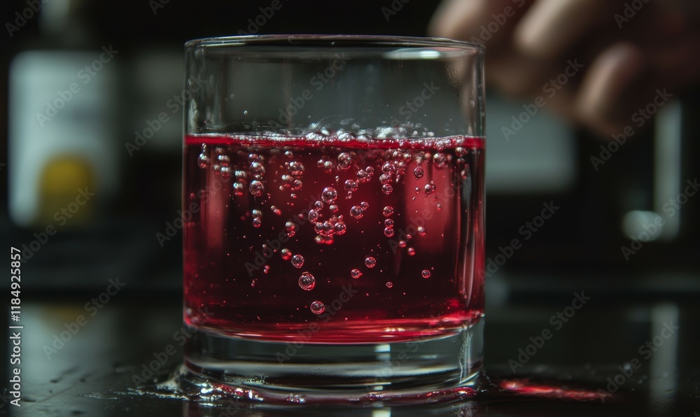 Poster glass of red liquid with bubbles in it. the bubbles are floating on the surface of the liquid