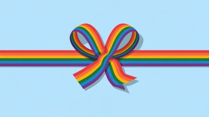 A vibrant multi-colored rainbow ribbon tied in a bow against a soft blue background, symbolizing love, diversity, and celebration.