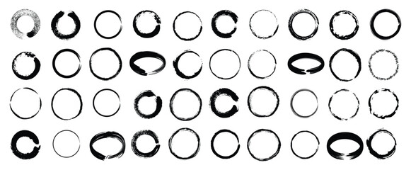Grunge circles brush set. Black circle frames. Round line of black paint. Grunge round shapes. Circular ink brush stroke fro design elements. Vector illustration.