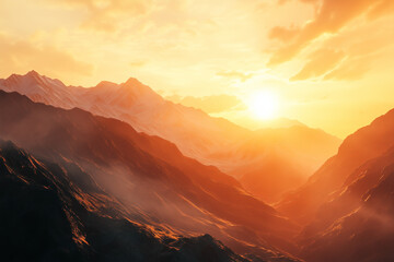 Naklejka premium Sunset behind the beautiful mountains. Nature landscape discovery and travel adventure concept.