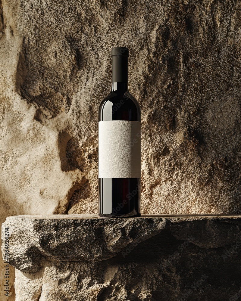 Poster elegant wine bottle with a blank label against a textured stone backdrop, creating a rustic yet soph