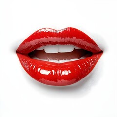 Obraz premium Glossy red lips with a slight smile against a white background, emphasizing beauty and allure.