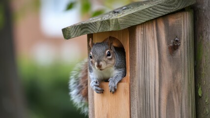 A gray squirrel peeking out from a wooden birdhouse, surrounded by lush green foliage, conveying a playful and curious mood.