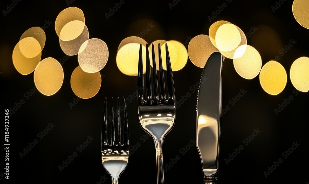 Poster set of silverware, blurred with a bokeh effect in a dark background
