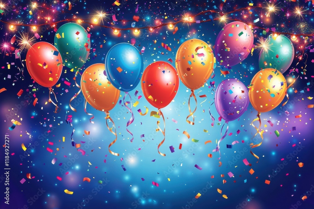 Poster Celebrate with colorful balloons and festive lights creating a joyful atmosphere for parties and special occasions. Generative AI