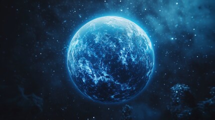Fototapeta premium A mesmerizing blue planet floating in the cosmic void, illuminated by ethereal light.