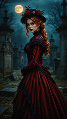 Fototapeta premium 19th-Century Lady in Moonlit Cemetery