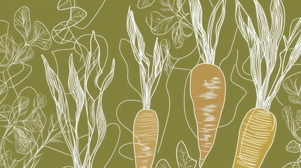 Elegant Line Art Carrots on a Green Background: A Fresh and Rustic Design for Your Home or Office