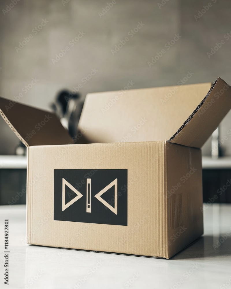 Poster an open cardboard box with a bold directional logo, set against a minimalistic background.