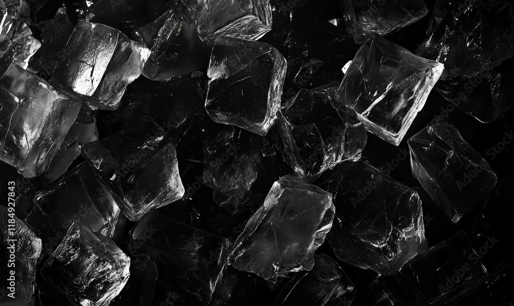 Poster ice cubes with a black background. the ice cubes are all different shapes and sizes, and they are sc