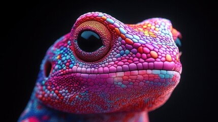 Close-up of a vibrantly colored lizard face, with bright pink, purple, and orange scales.  Intense...