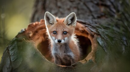 Fototapeta premium A curious red fox kit peeks out from a hollow tree trunk, surrounded by soft green foliage, observing its surroundings with bright, inquisitive eyes.