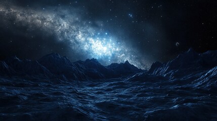 A breathtaking view of a cosmic landscape with blue-toned mountains under a starry sky.