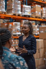 A woman in a black shirt is engaged in a conversation with her colleague in a busy warehouse filled with stacked boxes. Her hand gestures emphasize her points as they discuss logistics