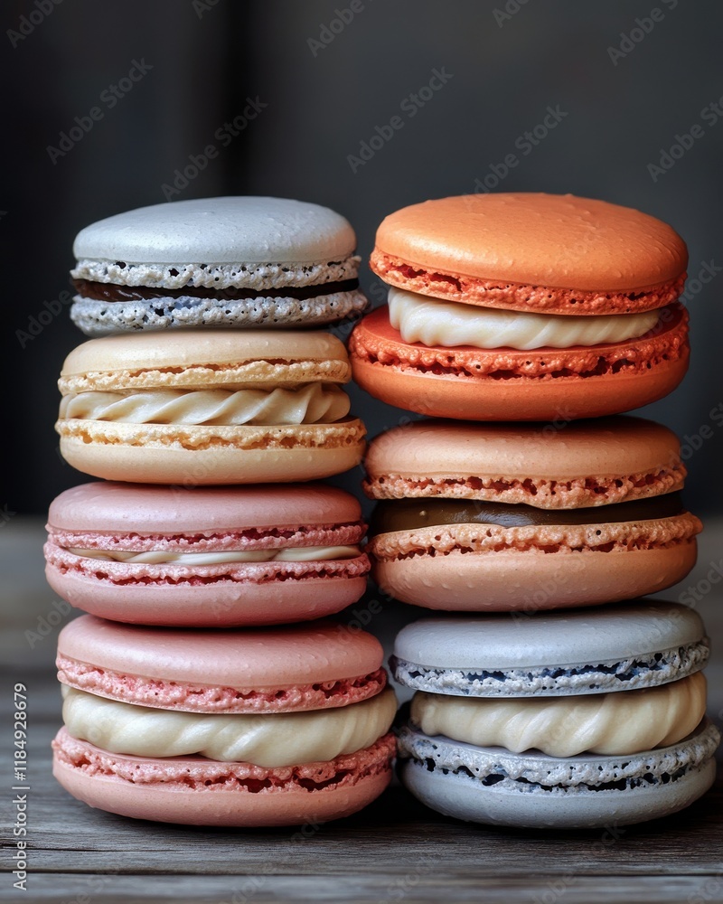 Poster a vibrant display of colorful macarons stacked artfully on a rustic wooden surface.