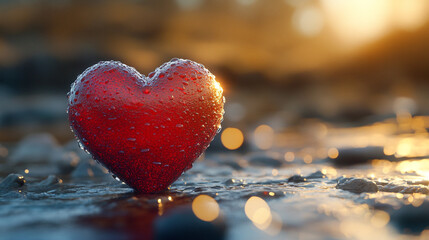 Fototapeta premium Red heart with water droplets on surface during sunset at beach