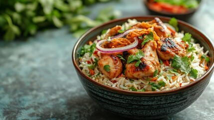 Tender pieces of meat are mixed with seasoned rice and fresh vegetables, topped with a dollop of creamy sauce and herbs, creating a comforting dish in a rustic kitchen setting