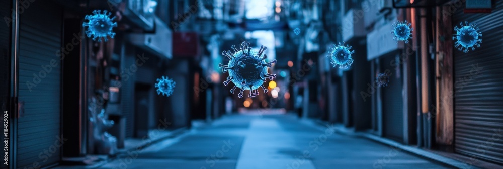 Poster empty urban street featuring a symbolic virus motif during a deserted evening. generative ai