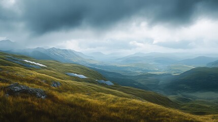 Fototapeta premium A breathtaking landscape showcasing rolling hills and dramatic clouds in a serene, mountainous environment.