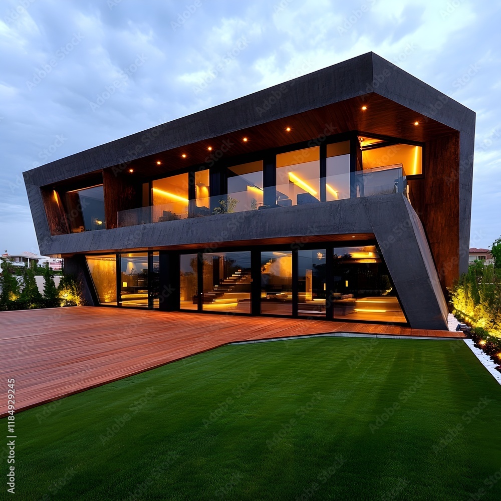 Aufkleber modern architectural design featuring a striking angular house with large windows, illuminated at du